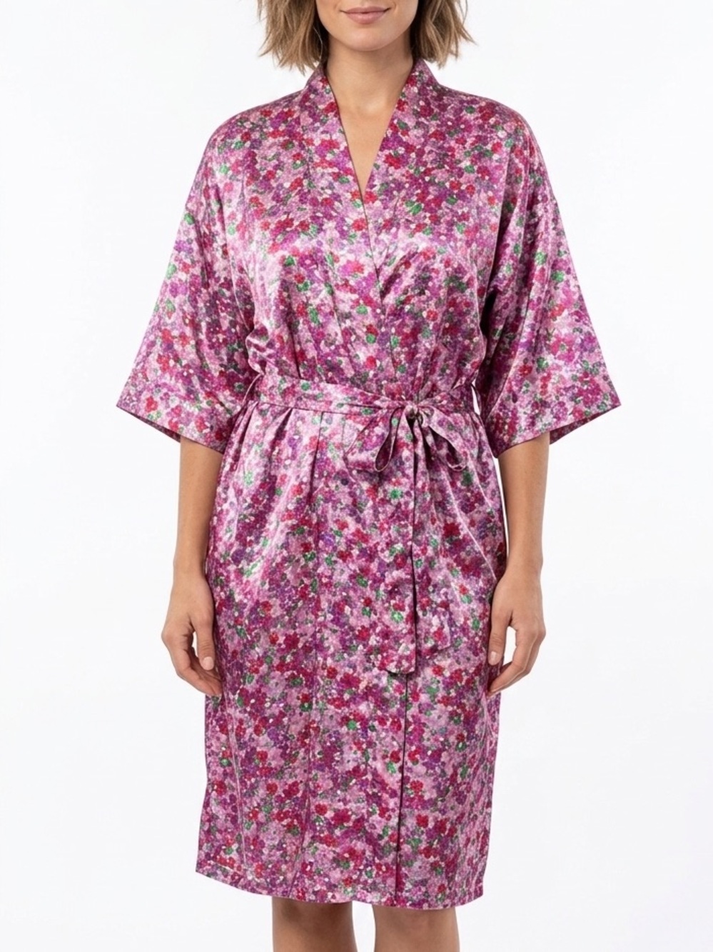 TNL MODE Satin Floral Robe House Coat Pink Red Silky Loungewear Size Medium